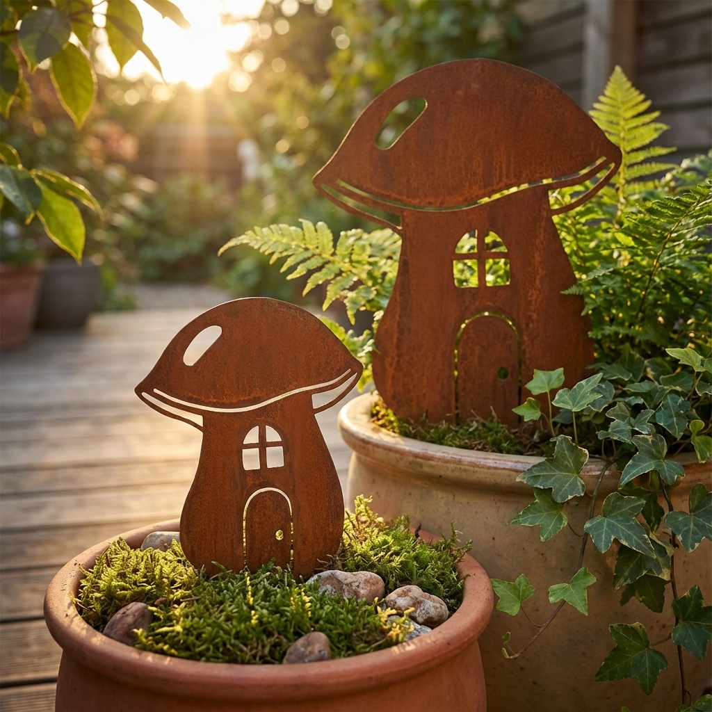 Rustic Metal Mushroom Garden Stake – Corten Steel Outdoor Decor