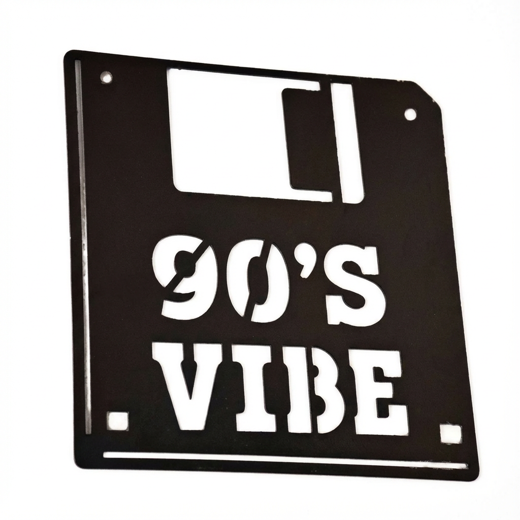 Black Metal Floppy Disk Wall Art – Retro Vintage Games Room Decor, Powder-Coated Steel Sculpture