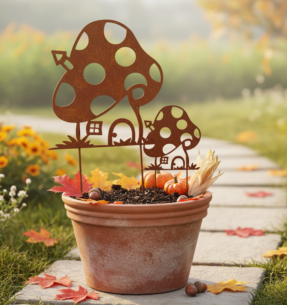 Rustic Metal Mushroom Garden Stake – Corten Steel Outdoor Decor