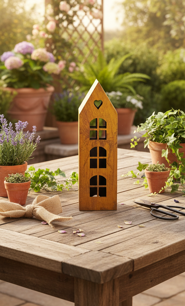 Rustic Metal Lantern House with Heart – Corten Effect, LED Candle Holder