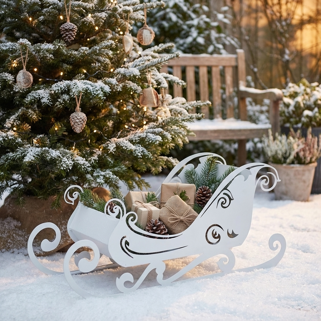 Elegant Decorative Christmas Sleigh – Festive Centerpiece for Holiday Decor, White, Natural Rust,