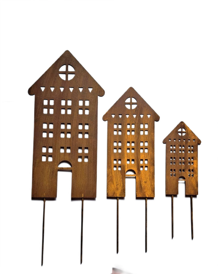 Rustic Steel House Garden Stakes – Metal Garden Art