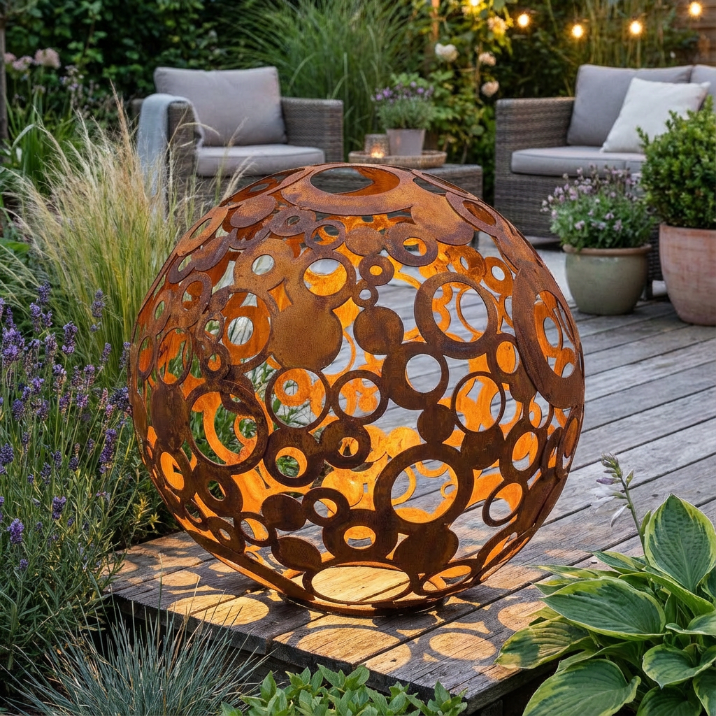Metall-Deko-Kugel, durchbrochene Ringe, rustikales Garten-Loft-Ornament