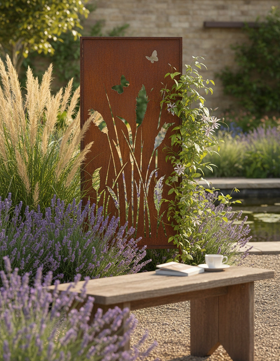 Rustic Metal Garden Screen – Corten Effect Steel Privacy Panel with Wildflower Meadow