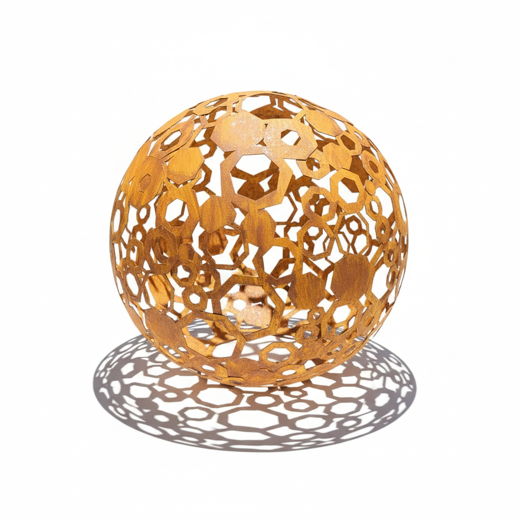 Metal Decorative Sphere, Openwork Geometric, Rustic Garden Loft Ornament