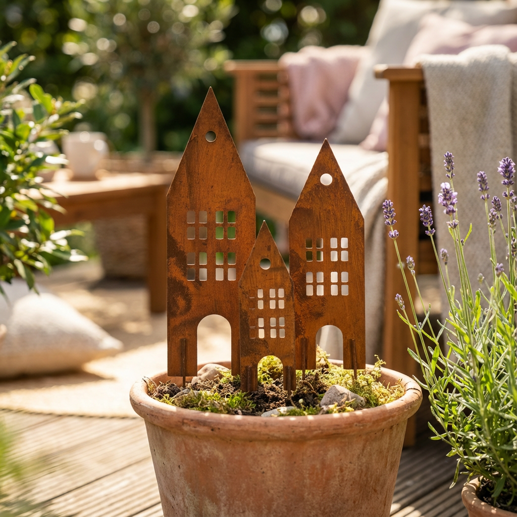 Rustic Steel House Garden Stakes – Weatherproof Metal Art