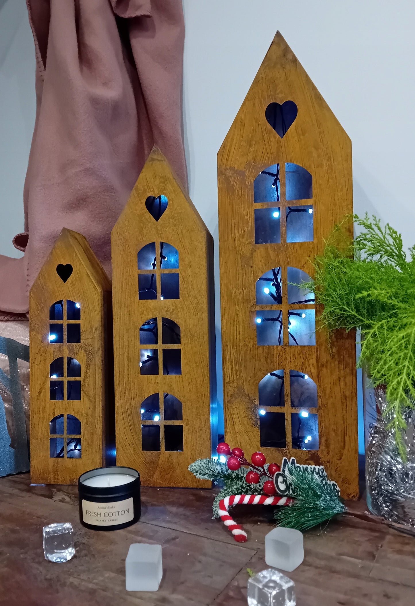 Rustic Metal Lantern House with Heart – Corten Effect, LED Candle Holder