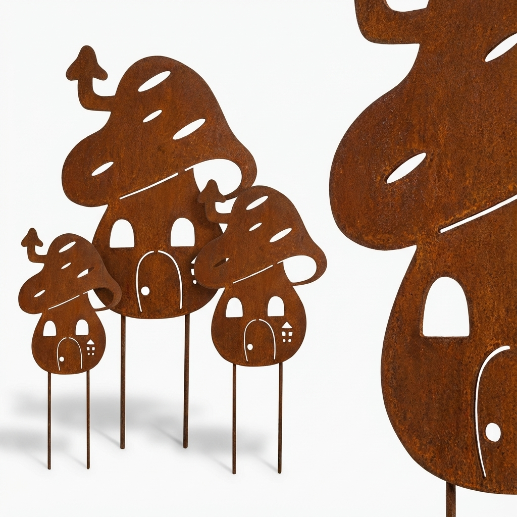 Rustic Metal Mushroom Garden Stake – Corten Steel Outdoor Decor