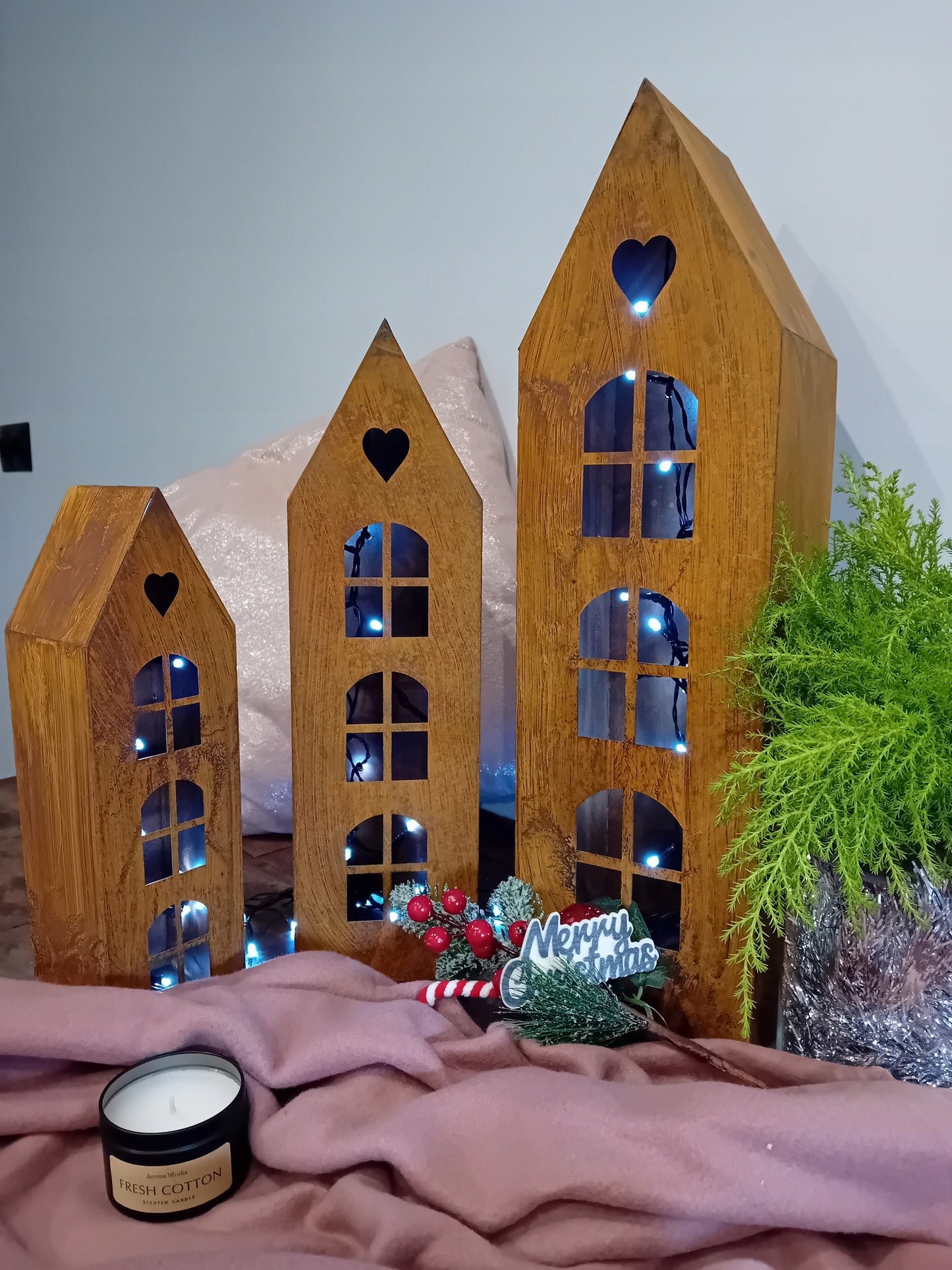 Rustic Metal Lantern House with Heart – Corten Effect, LED Candle Holder