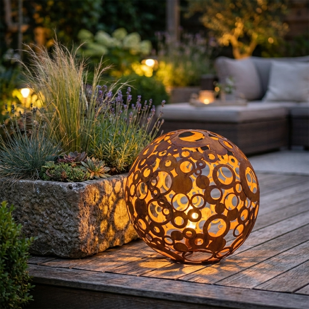 Metall-Deko-Kugel, durchbrochene Ringe, rustikales Garten-Loft-Ornament