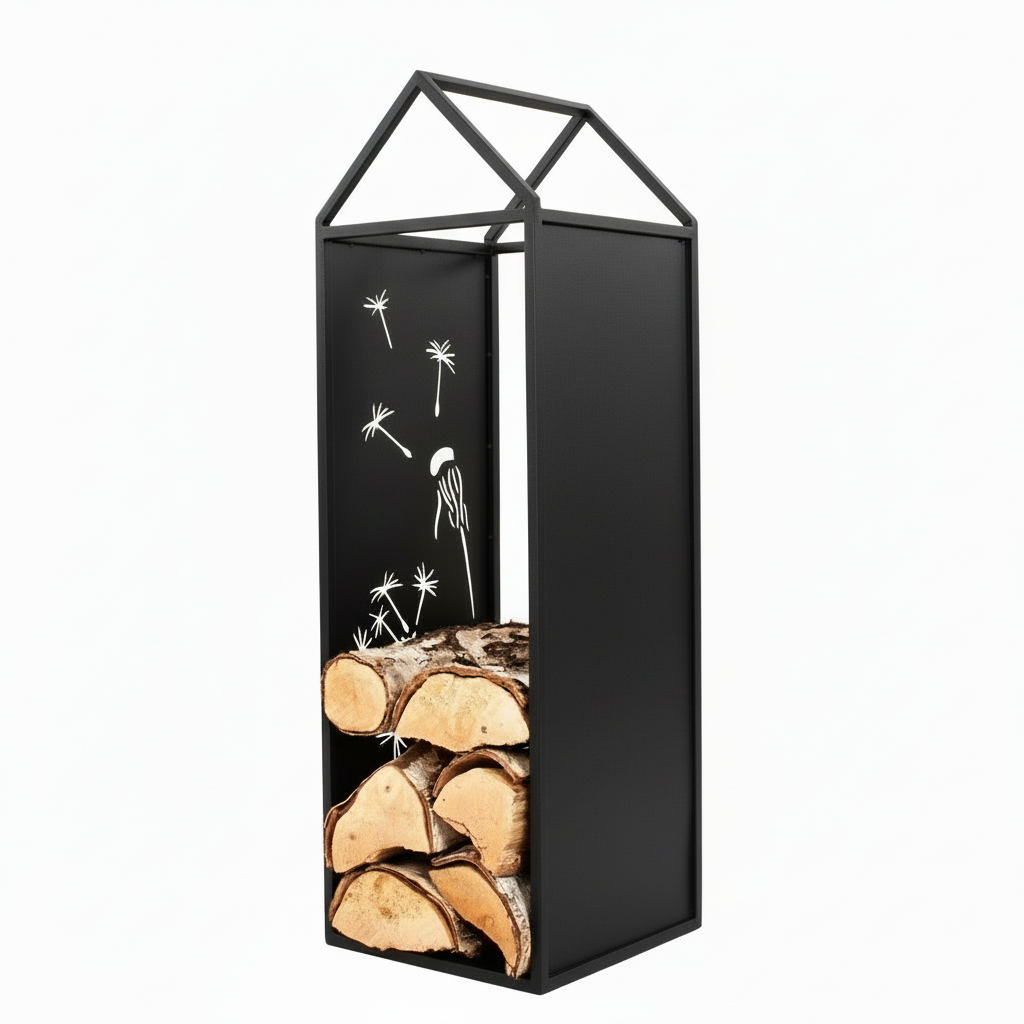 Black Metal Firewood Rack with Handle, Freestanding Log Holder DANDELION