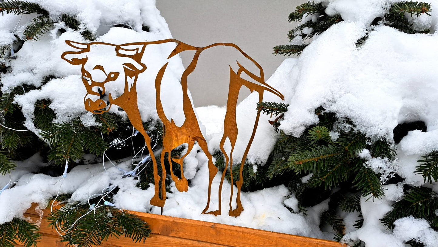 Rustic Metal Cow or Bull Silhouette Garden Stake – Weathered Corten Steel Farmyard Decor