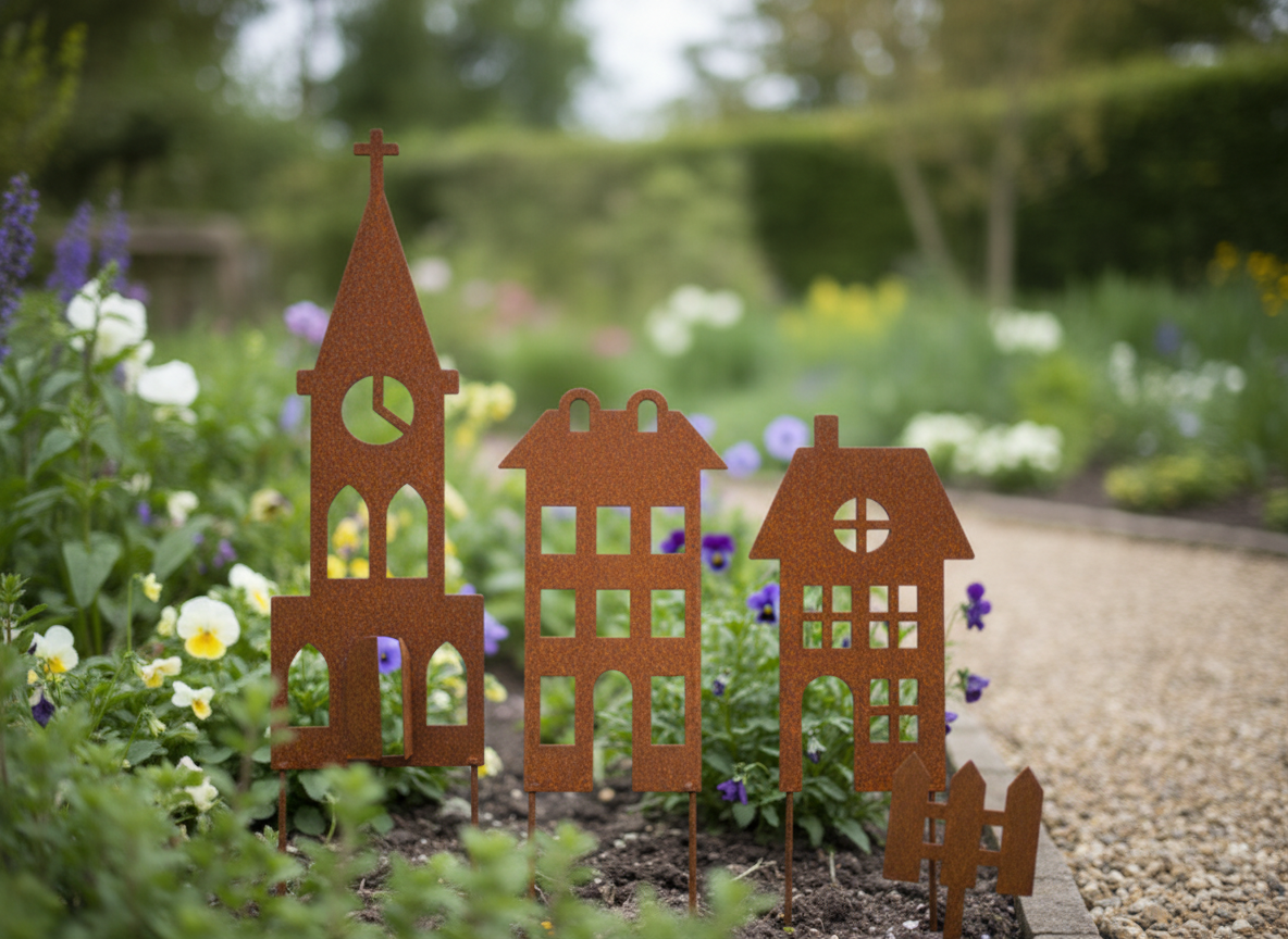Rustic Steel Small Town Houses Garden Stakes – Metal Garden Art