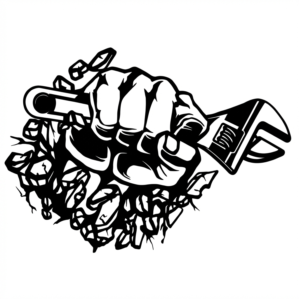 Black Metal Fist with Wrench Wall Art – Industrial Steel Sculpture