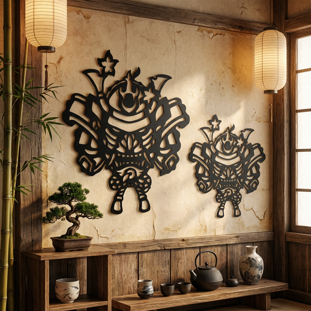 Black Metal Hannya Oni Kabuto Mask – Cut-Out Samurai Wall Art