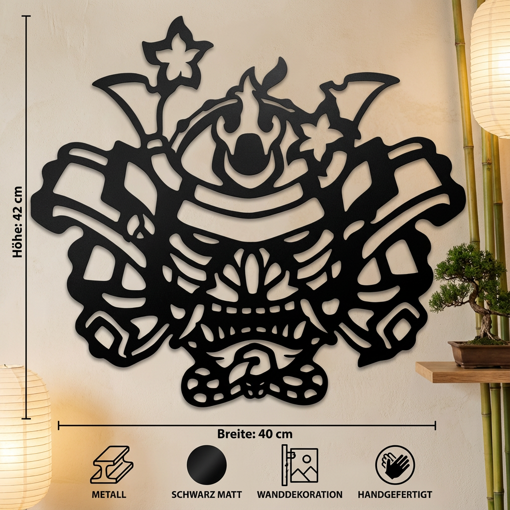 Black Metal Hannya Oni Kabuto Mask – Cut-Out Samurai Wall Art
