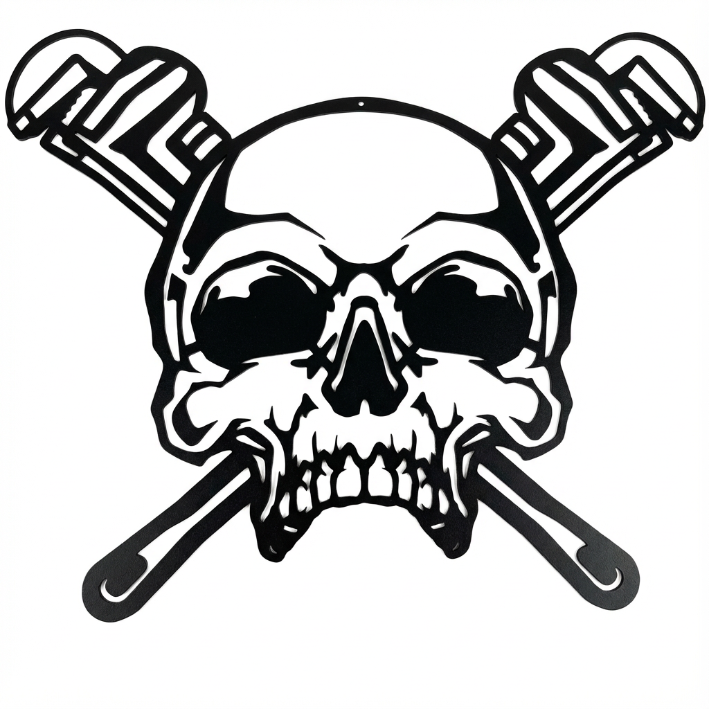 Schwarzer Metall-Totenkopf & Schraubenschlüssel Wandbild – Industrial Gothic Deko