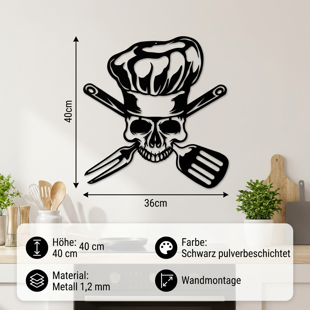 Metal Chef Skull Wall Art – Black Kitchen Wall Decor | Modern Loft Style