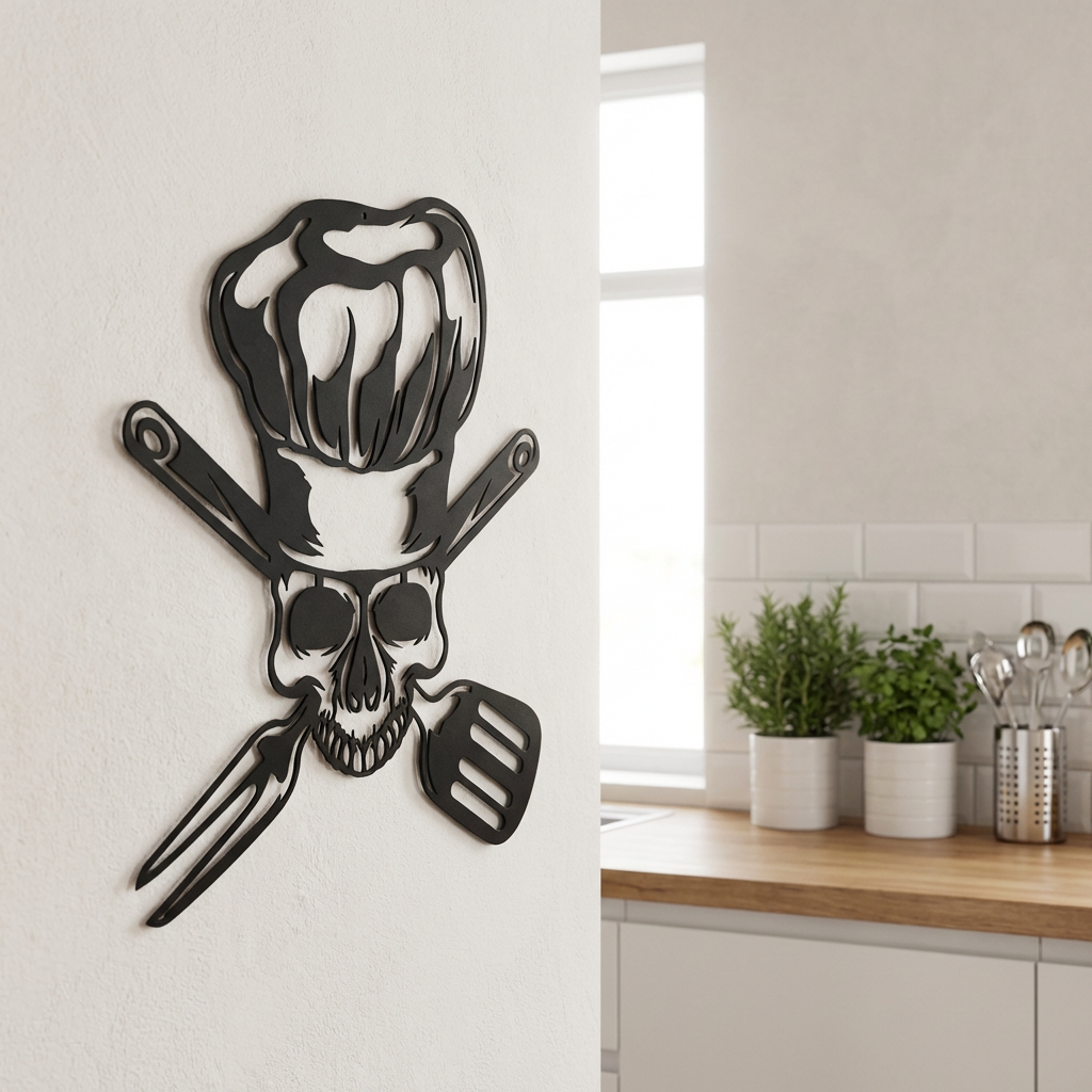 Metal Chef Skull Wall Art – Black Kitchen Wall Decor | Modern Loft Style