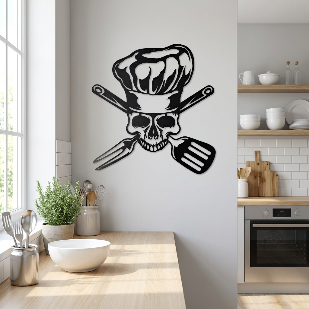 Metal Chef Skull Wall Art – Black Kitchen Wall Decor | Modern Loft Style