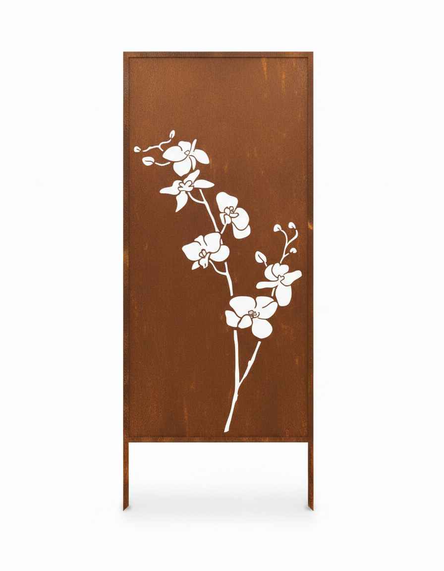 Rustic Metal Garden Screen – Corten Effect Steel Privacy Panel with Orchid Flowers Cutouts