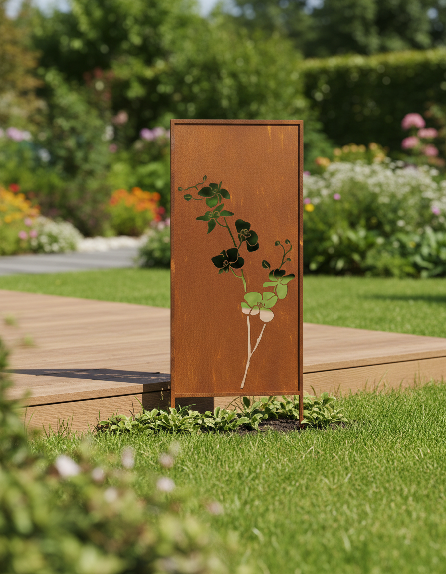 Rustic Metal Garden Screen – Corten Effect Steel Privacy Panel with Orchid Flowers Cutouts