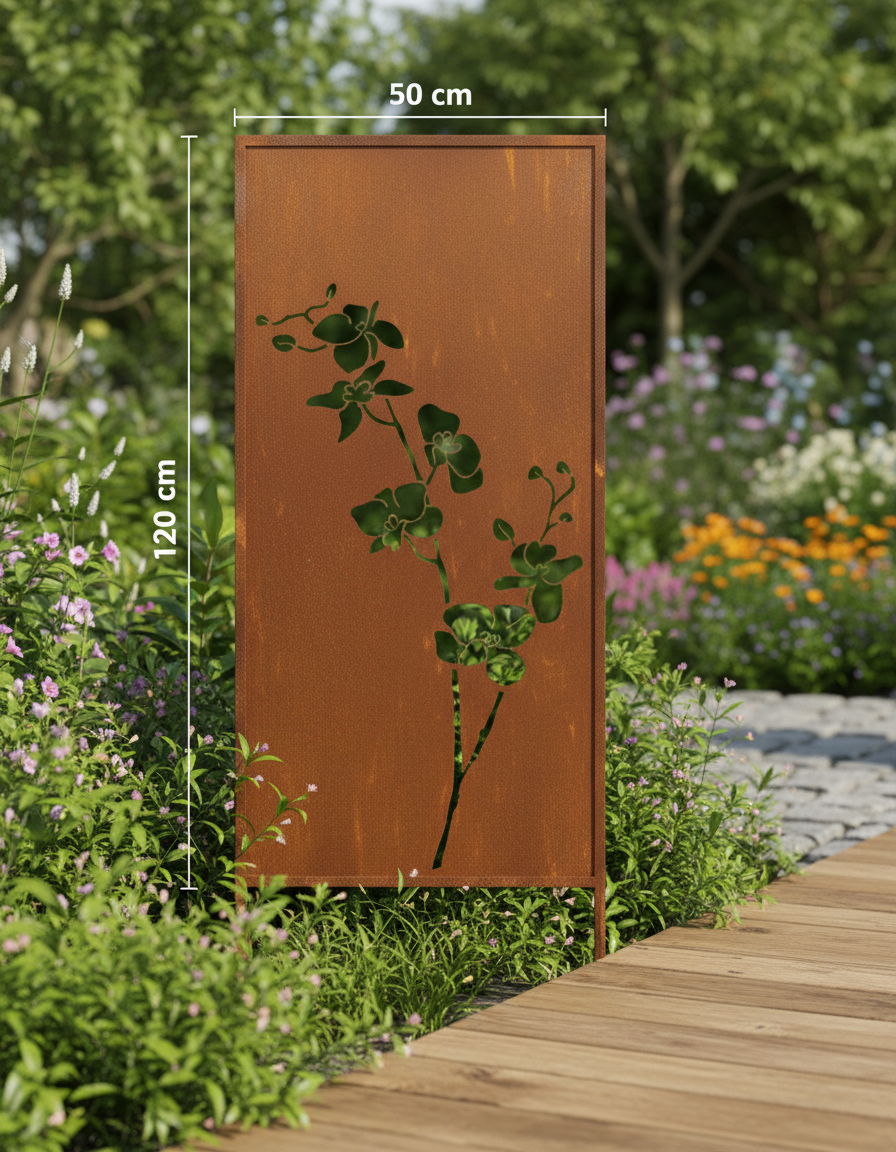 Rustic Metal Garden Screen – Corten Effect Steel Privacy Panel with Orchid Flowers Cutouts