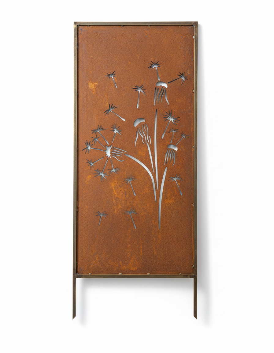 Rusty Steel Dandelion Garden Screen – Decorative Metal Privacy Panel for Outdoor & Patio Corten Effect