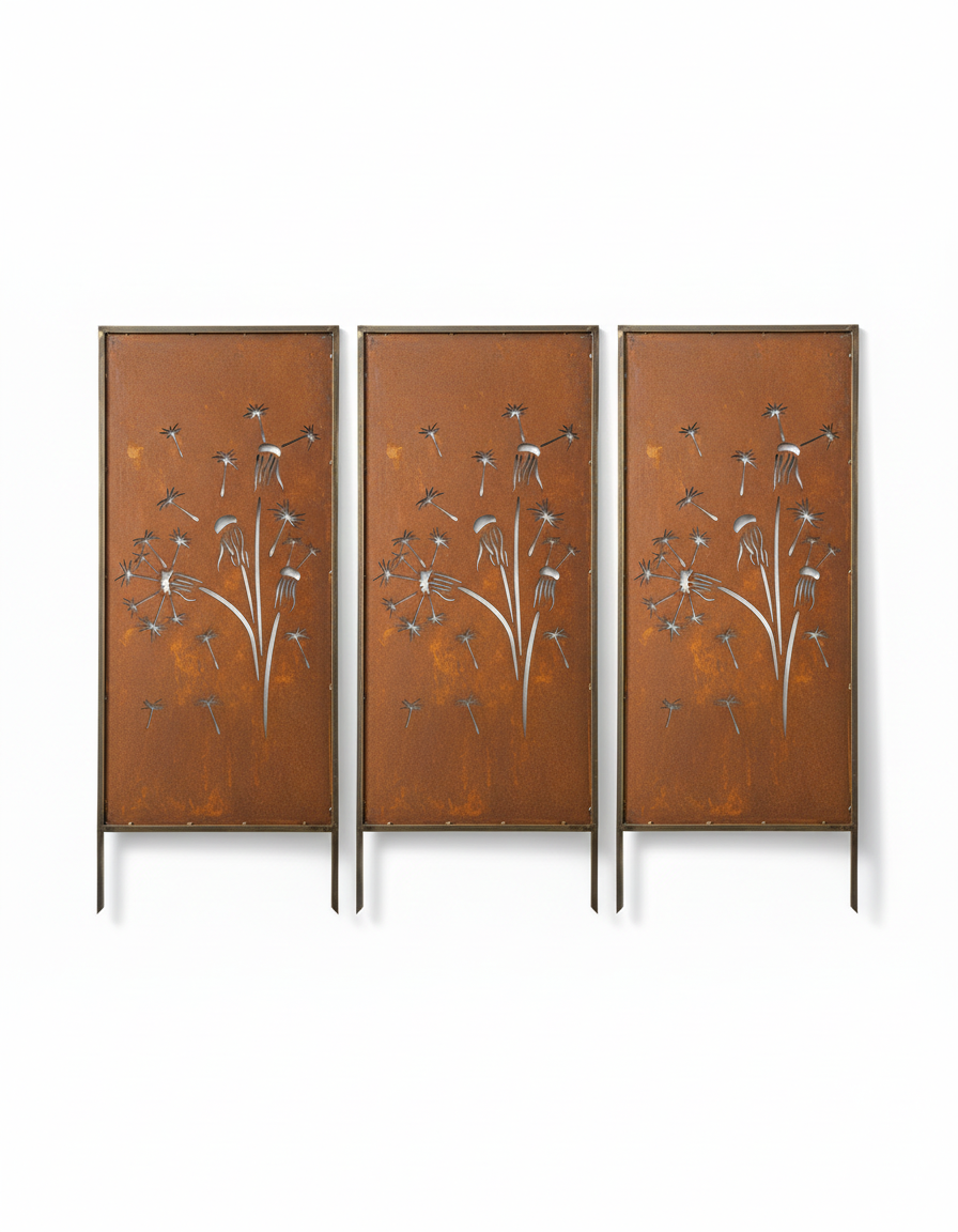 Rusty Steel Dandelion Garden Screen – Decorative Metal Privacy Panel for Outdoor & Patio Corten Effect