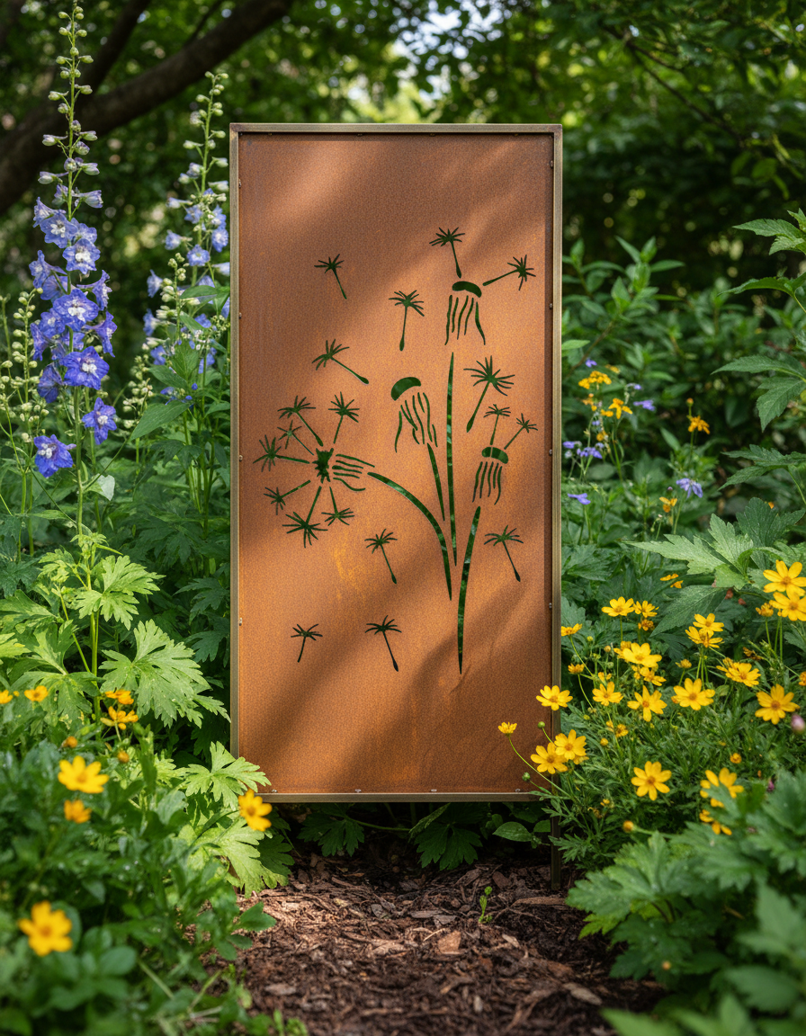 Rusty Steel Dandelion Garden Screen – Decorative Metal Privacy Panel for Outdoor & Patio Corten Effect