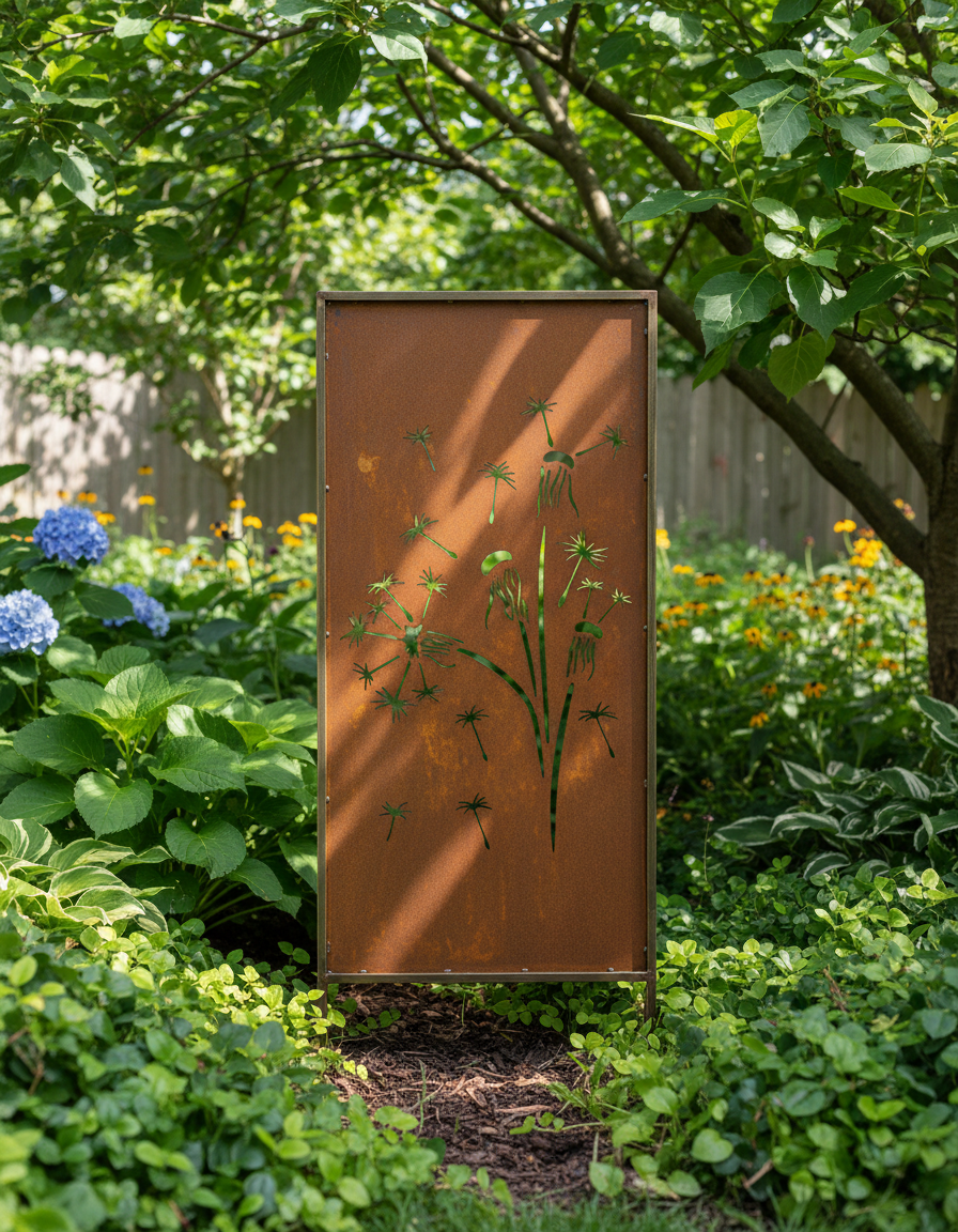 Rusty Steel Dandelion Garden Screen – Decorative Metal Privacy Panel for Outdoor & Patio Corten Effect