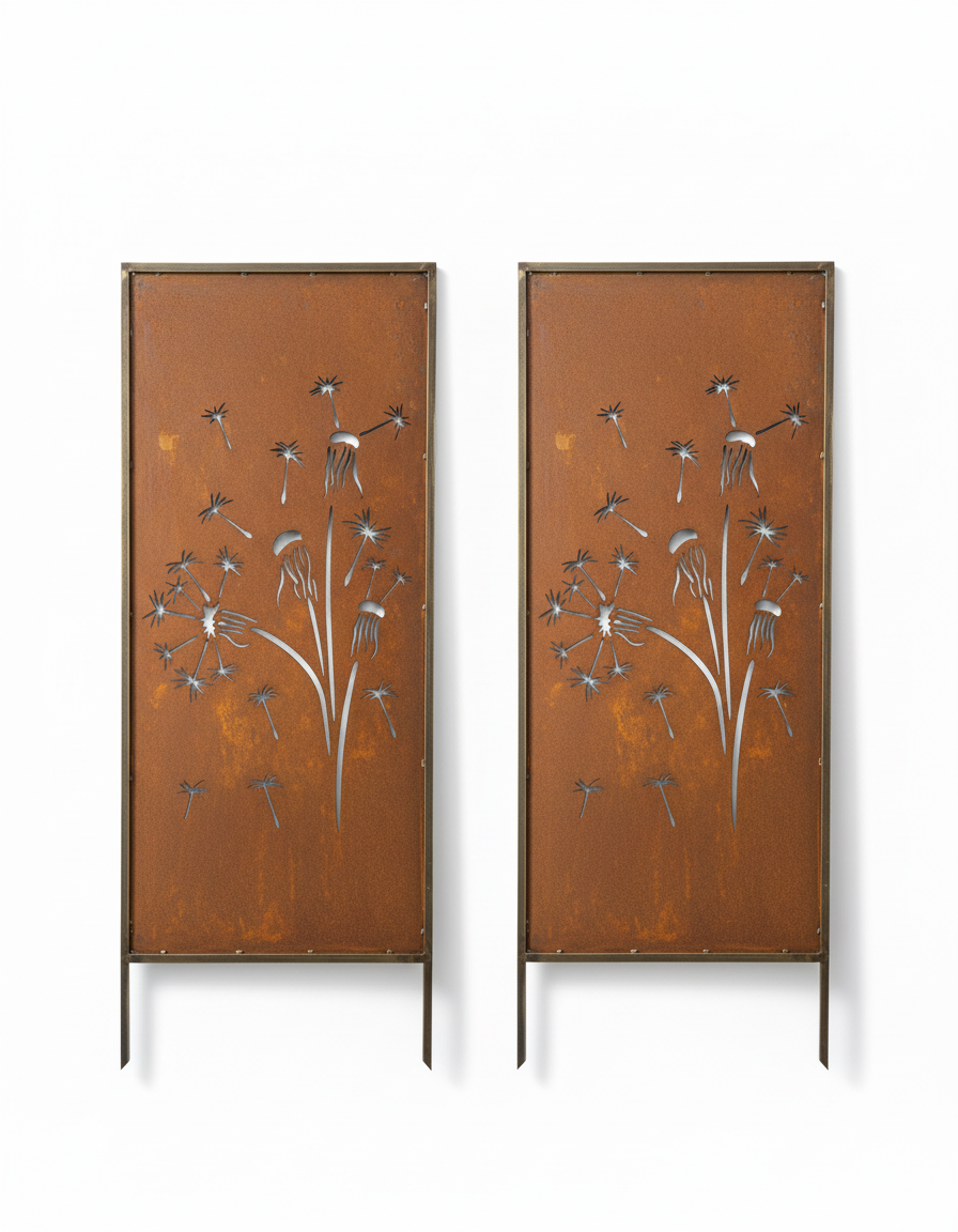 Rusty Steel Dandelion Garden Screen – Decorative Metal Privacy Panel for Outdoor & Patio Corten Effect