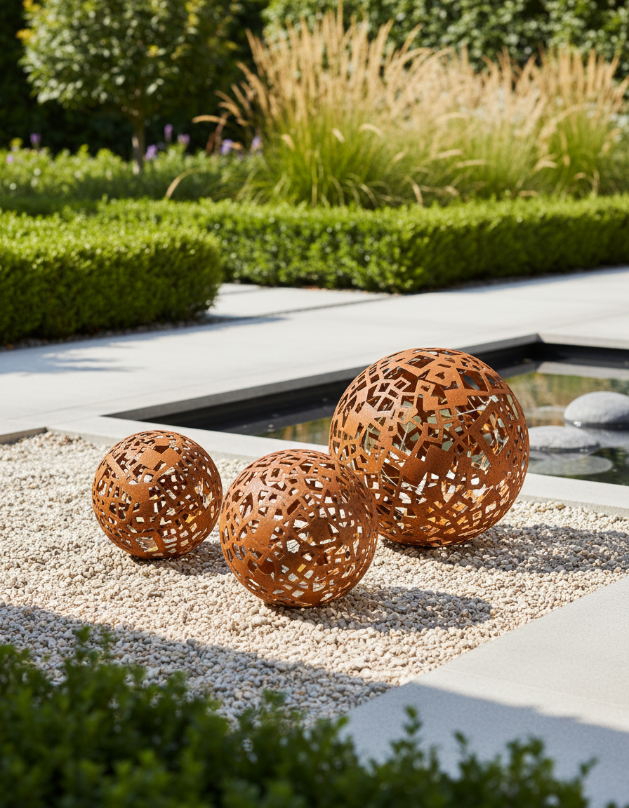 Sphère décorative métallique, carrés ajourés, ornement rustique de jardin/loft
