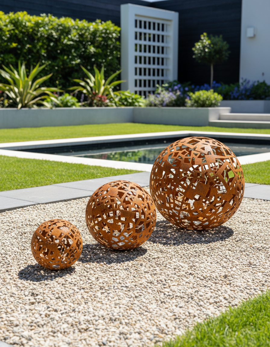 Sphère décorative métallique, carrés ajourés, ornement rustique de jardin/loft