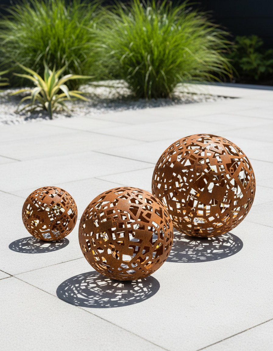 Sphère décorative métallique, carrés ajourés, ornement rustique de jardin/loft