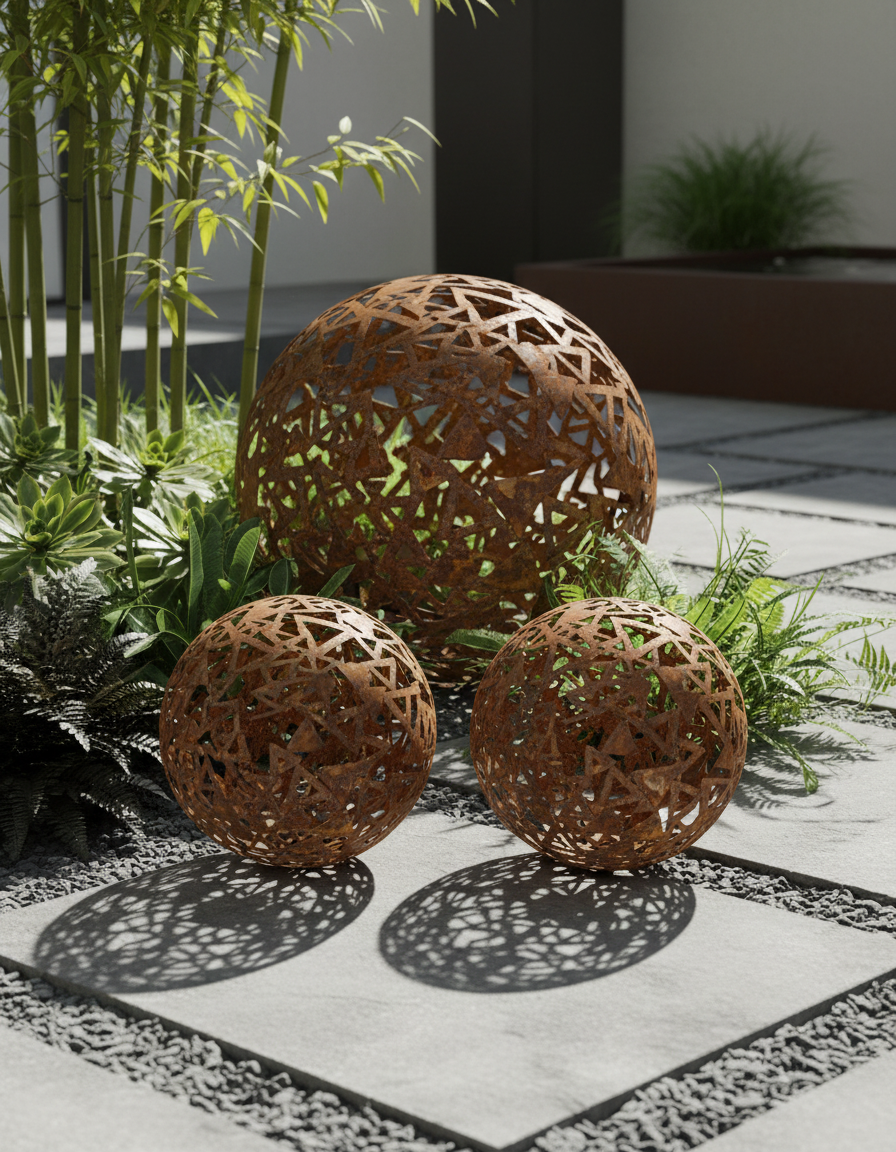 Metal Decorative Sphere, Openwork Triangles, Rustic Garden Loft Ornament