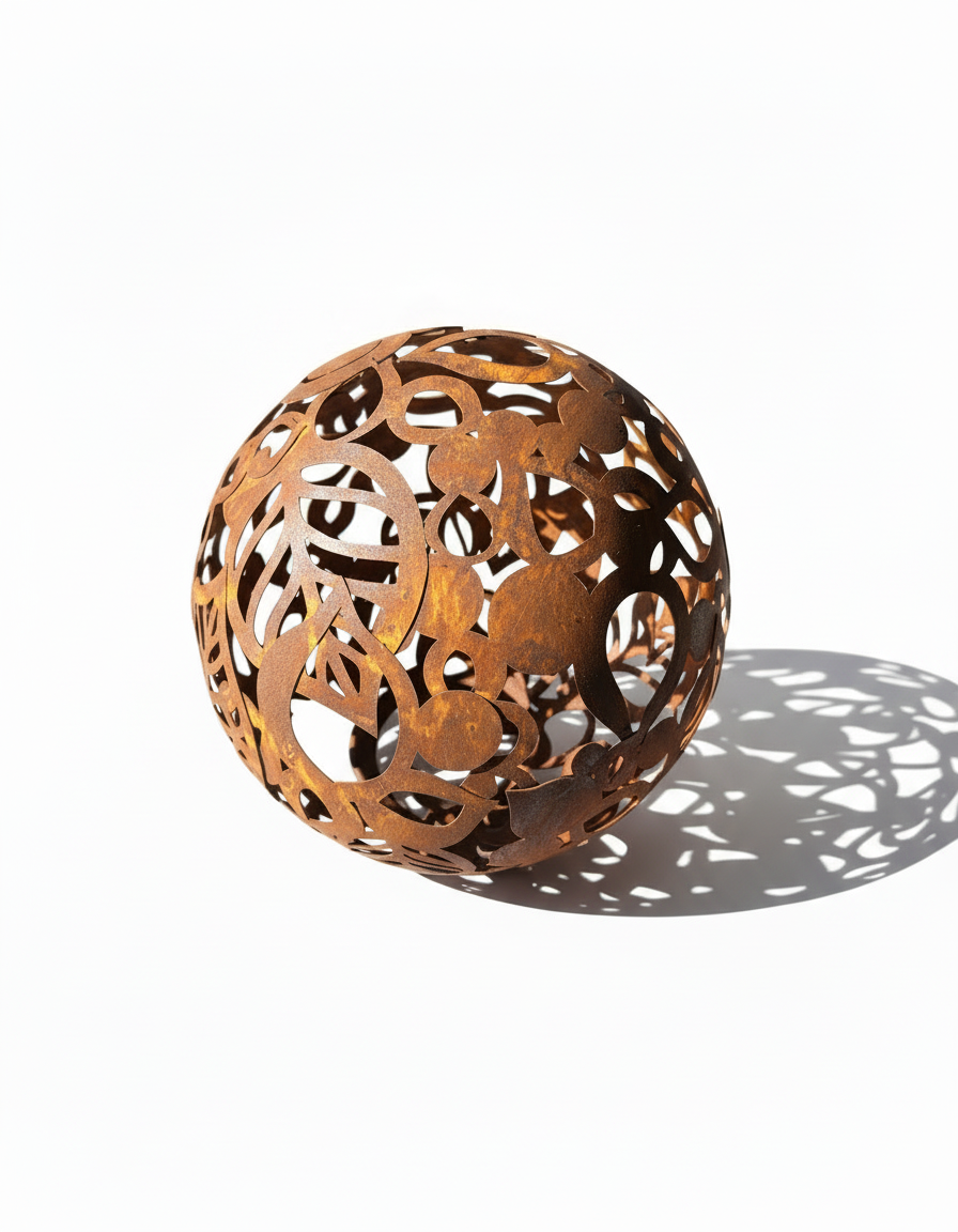 Metal Decorative Sphere, Openwork Leaves, Rustic Garden Loft Ornament
