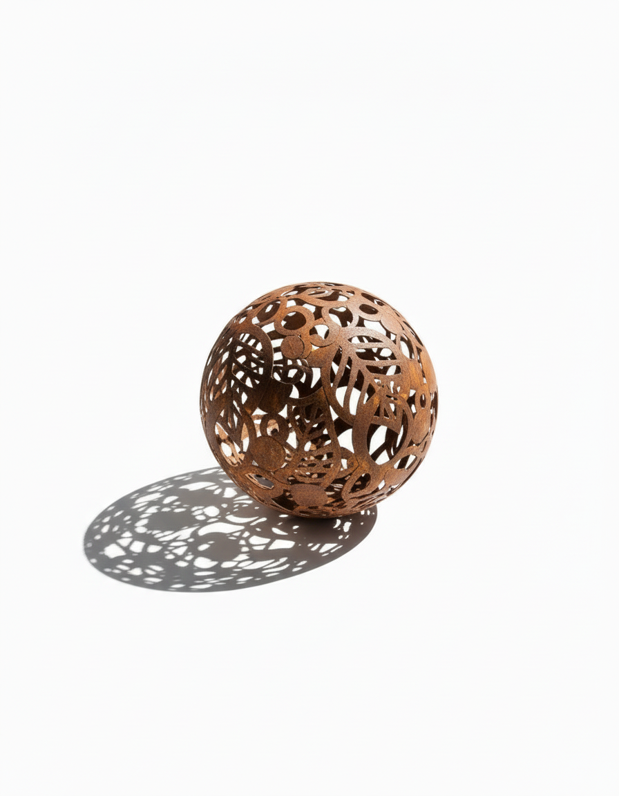 Metal Decorative Sphere, Openwork Leaves, Rustic Garden Loft Ornament