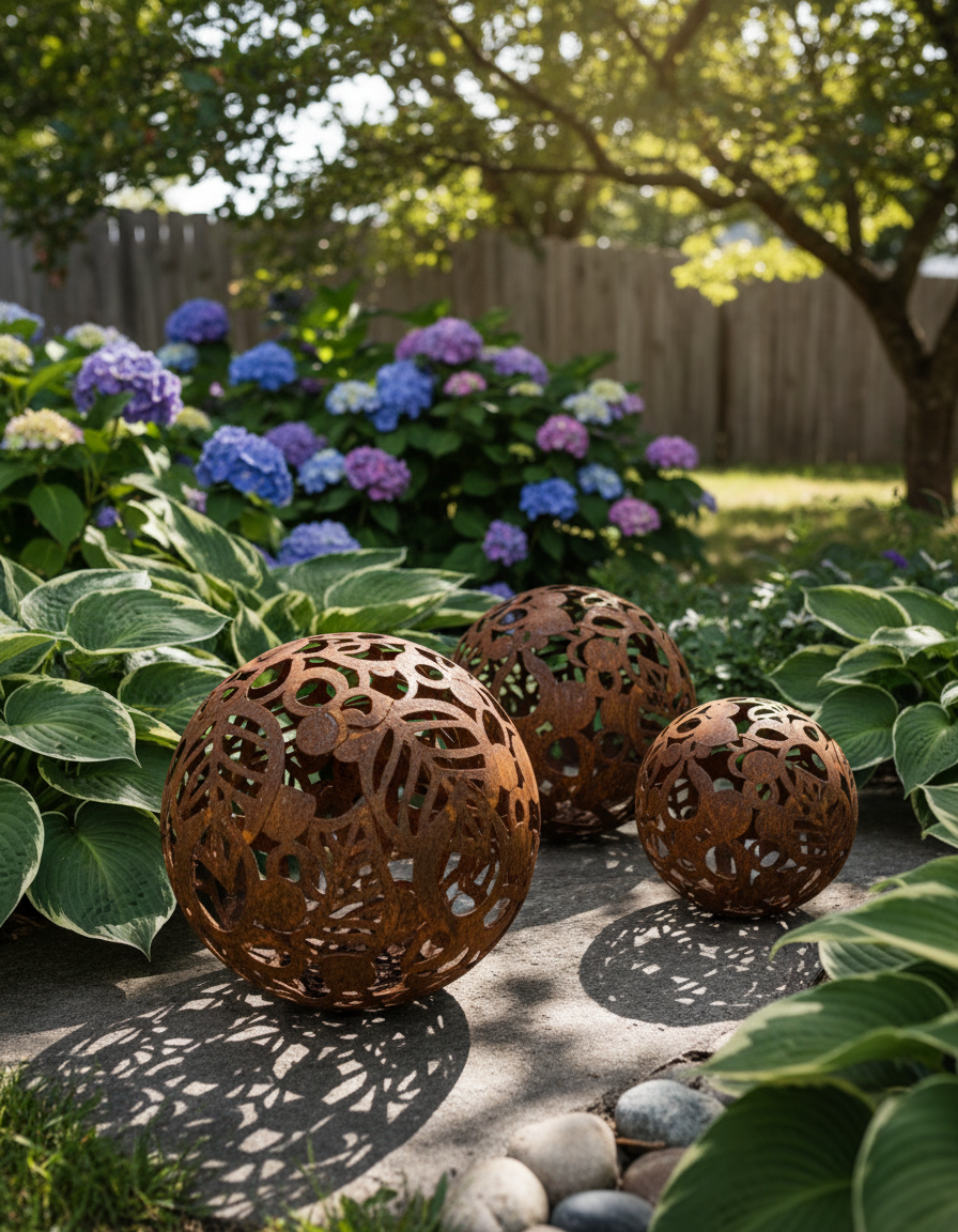 Metal Decorative Sphere, Openwork Leaves, Rustic Garden Loft Ornament