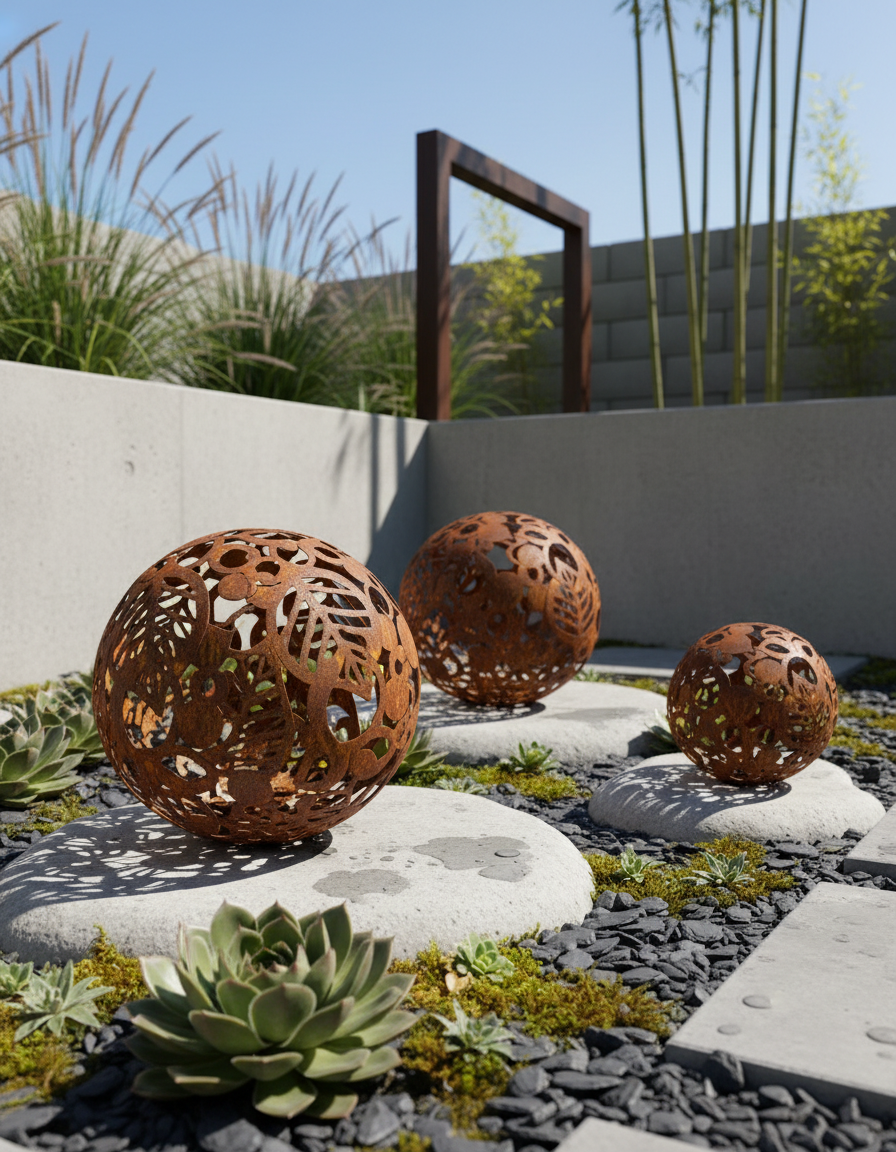 Metal Decorative Sphere, Openwork Leaves, Rustic Garden Loft Ornament