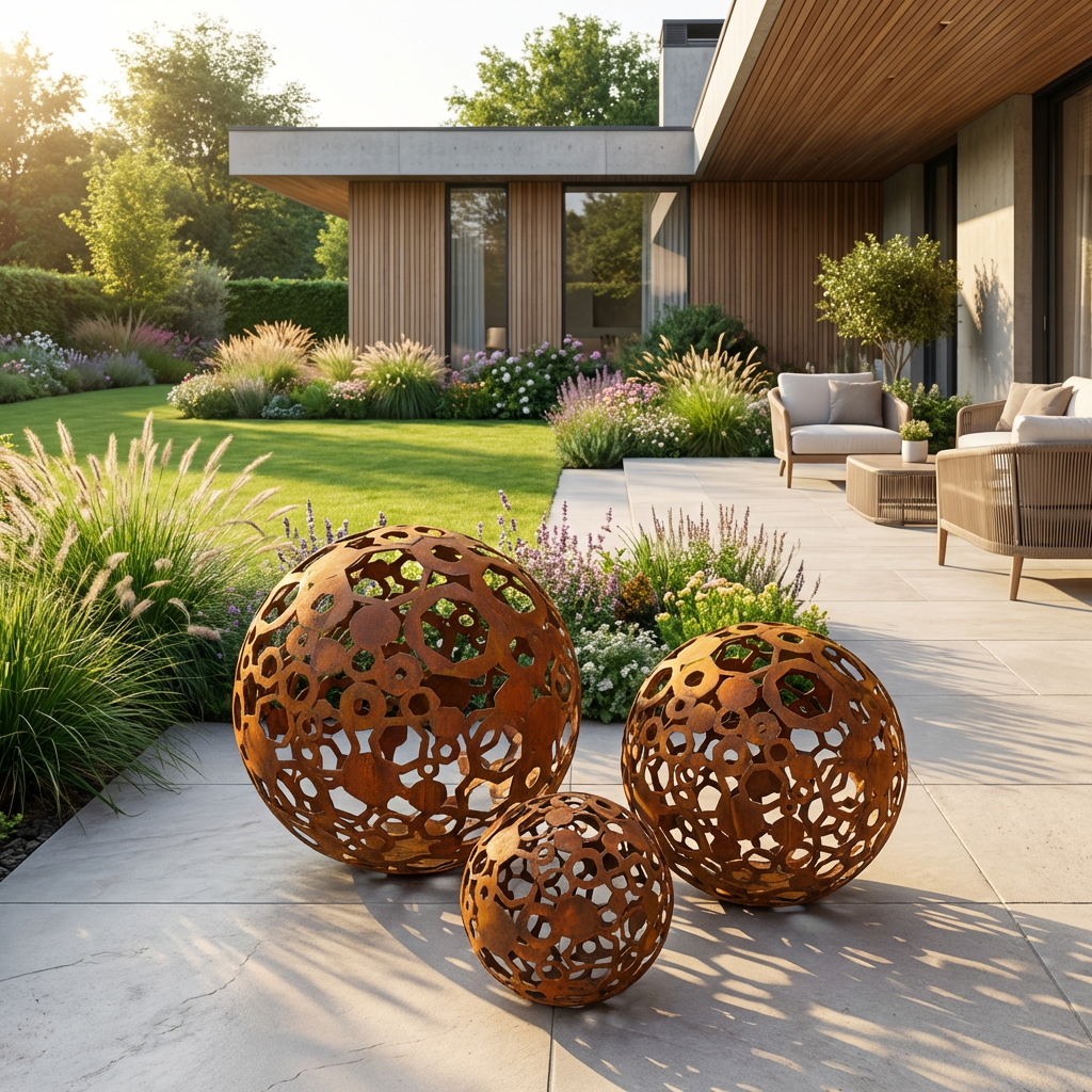 Metal Decorative Sphere, Openwork Geometric, Rustic Garden Loft Ornament