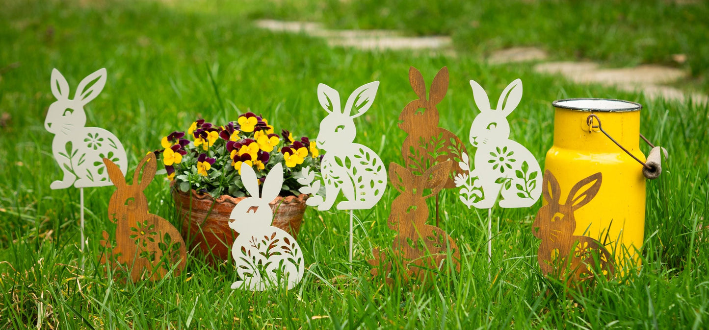 Handmade Metal Rabbit Garden Stake, Natural Rust Finish, Yard Art