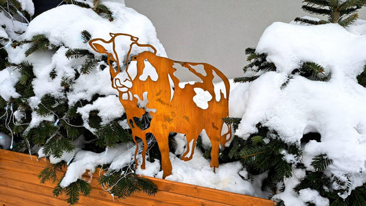 Rustic Metal Cow or Bull Silhouette Garden Stake – Weathered Corten Steel Farmyard Decor