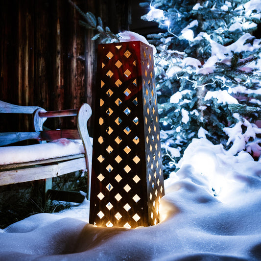 Rusty Steel Corten Trapezoid with Diamond Cutout - Unique Decorative Piece, Lighted for Ambient Effect