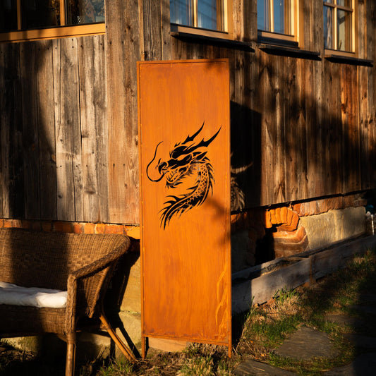 Rusty Steel Dragon Garden Screen – Outdoor Privacy Panel, Corten Effect