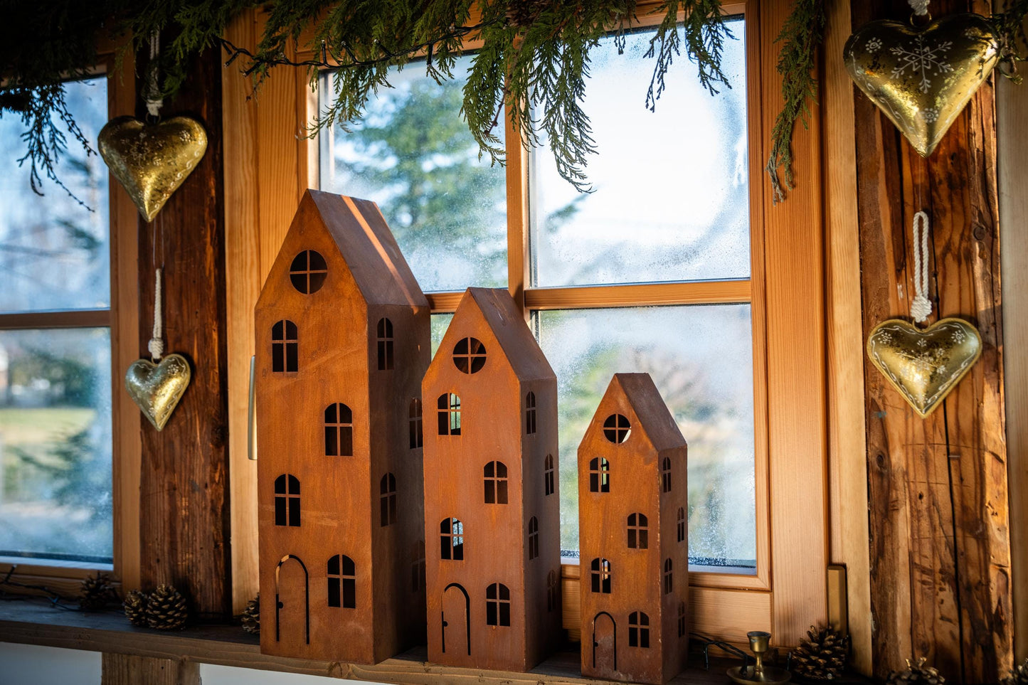 Rustic Metal Lantern House – Corten Effect, LED Candle Holder