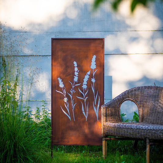 Rustic Metal Garden Screen – Corten Effect Steel Privacy Panel with Four Grasses