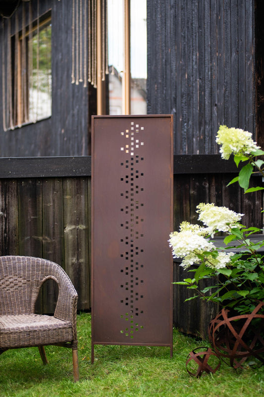 Rustic Metal Garden Screen – Corten Effect Steel Privacy Panel with Middle Geometric Pattern Cutouts