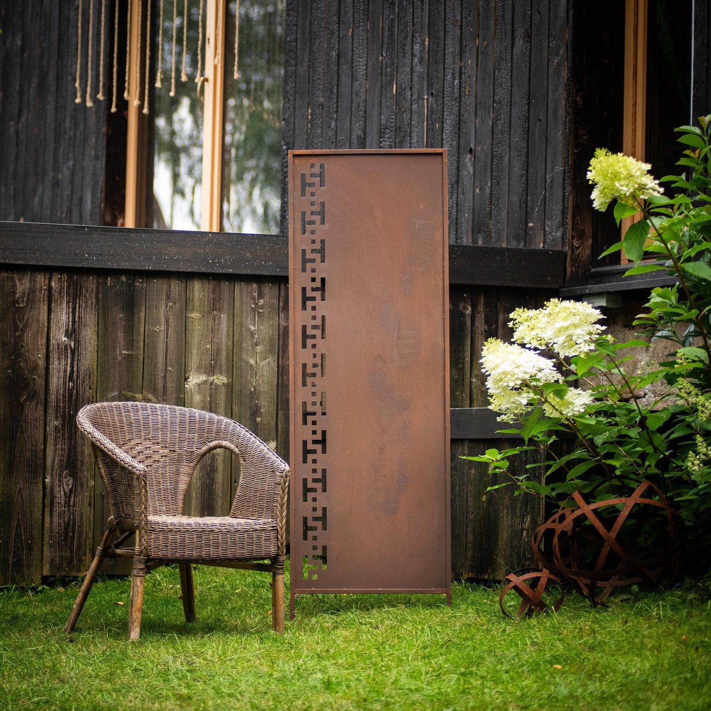 Rustic Metal Garden Screen – Corten Effect Steel Privacy Panel with Greek Motif Pattern Cutouts
