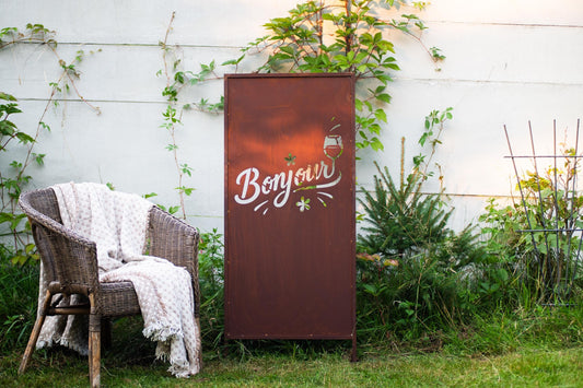 Rustic Metal Garden Screen – Corten Effect Steel Privacy Panel "Bonjour"